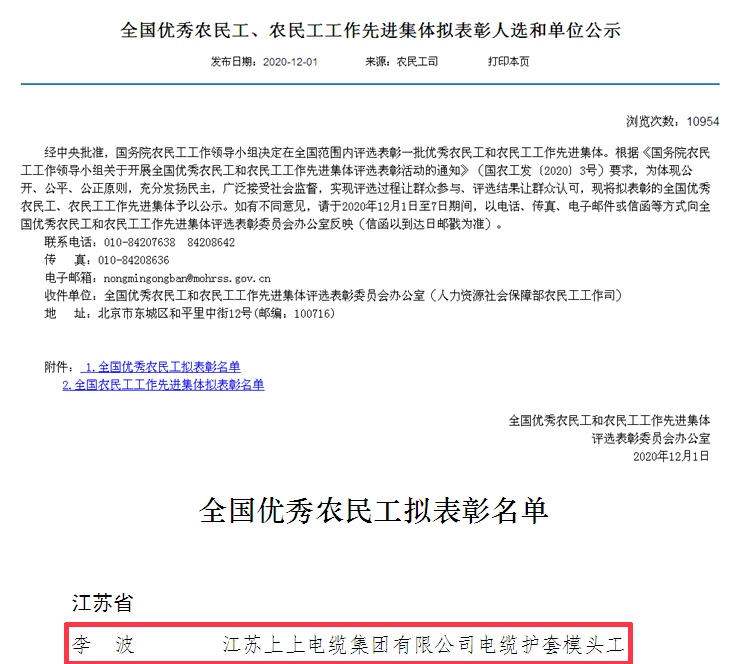 兴发娱乐电缆员工李波荣获“天下优异农民工”称呼